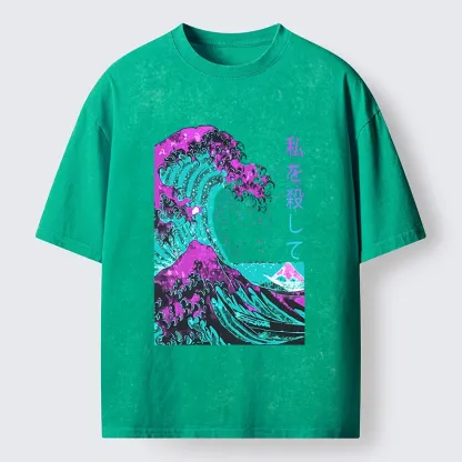 Tokyo-Tiger Neon Great Wave Off Kanagawa Washed T-Shirt