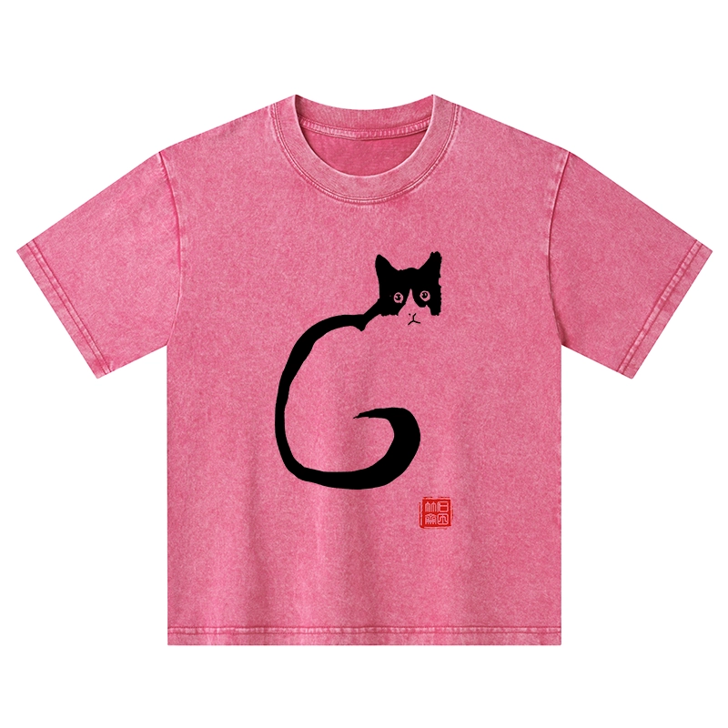 Tokyo-Tiger Calm Cat In Simple Lines Kids Washed T-Shirt