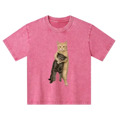 Tokyo-Tiger Orange Cat’s Tight Embrace Kids Washed T-Shirt