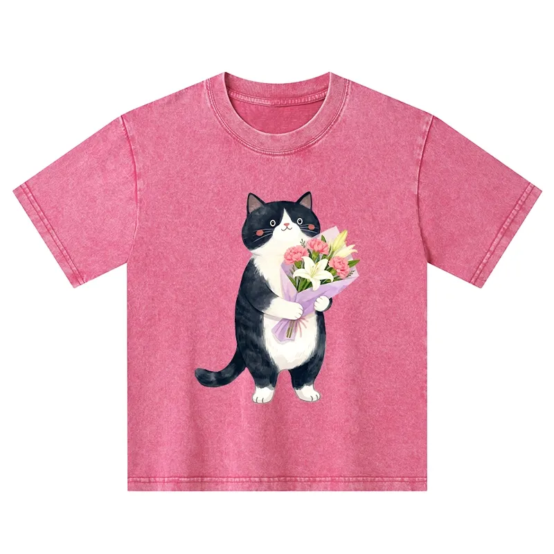 Tokyo-Tiger Sweet Cat Delivers Flowers Kids Washed T-Shirt