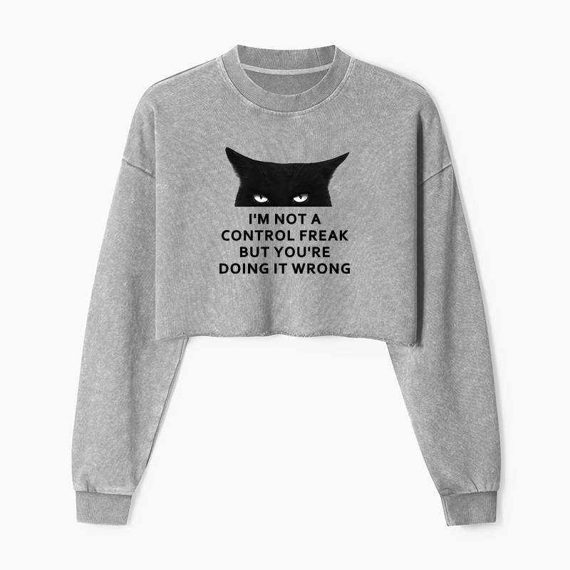 Tokyo-Tiger Control Freak Funny Washed Crop Sweatshirt