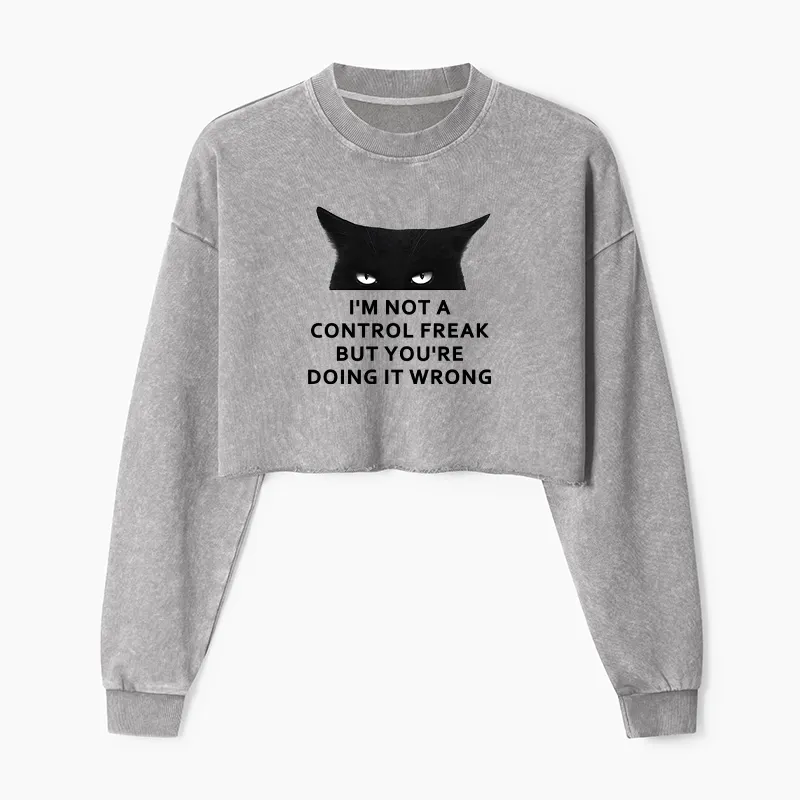 Tokyo-Tiger Control Freak Funny Washed Crop Sweatshirt