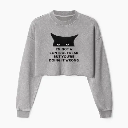 Tokyo-Tiger Control Freak Funny Washed Crop Sweatshirt