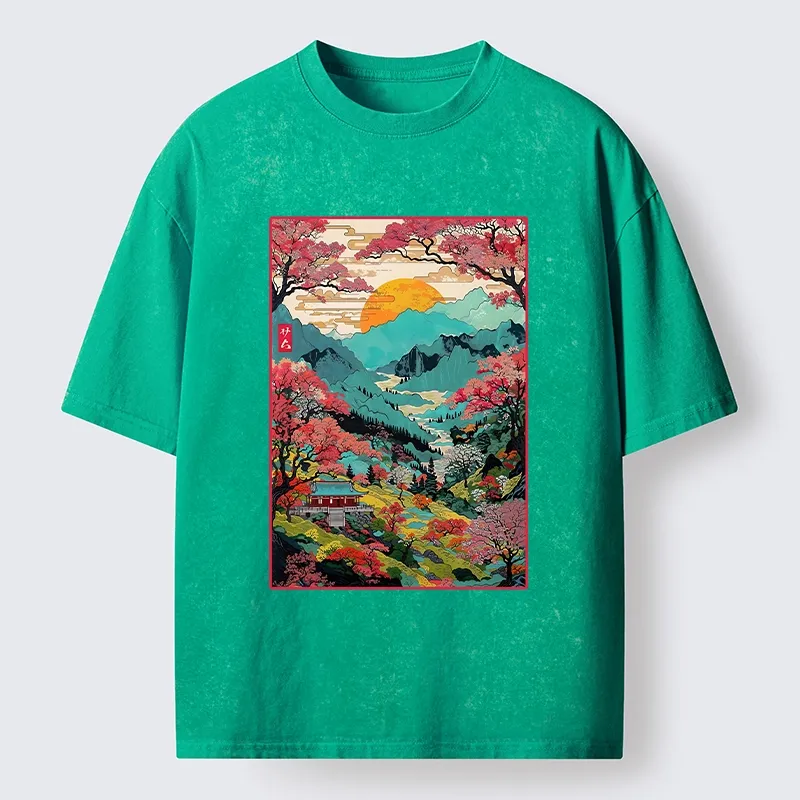 Tokyo-Tiger Golden Sun Over Serene Valley Washed T-Shirt