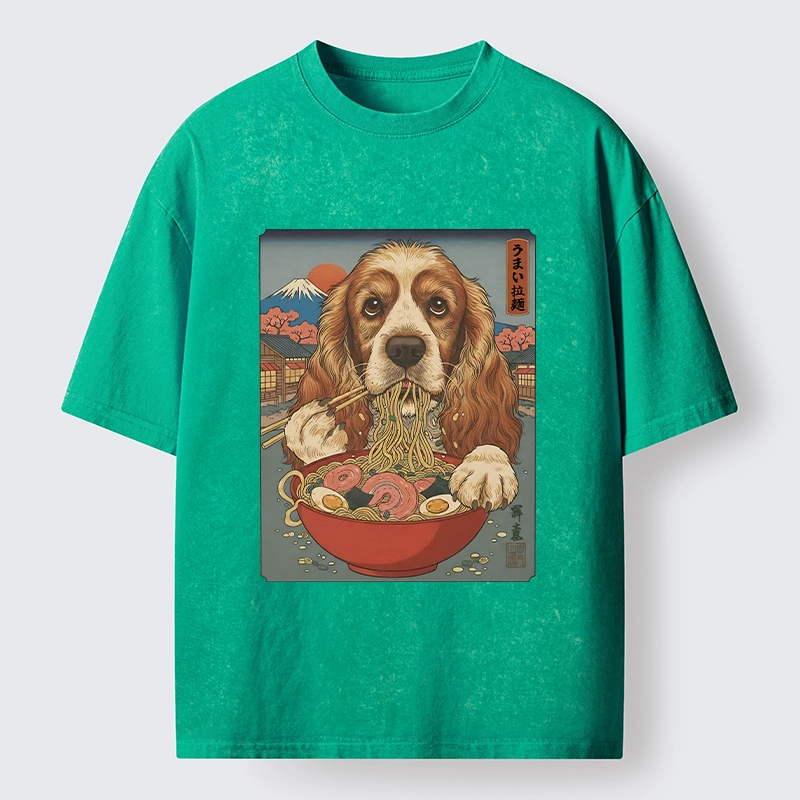 Tokyo-Tiger Dog Slurping Ramen In Japanese Style Washed T-Shirt