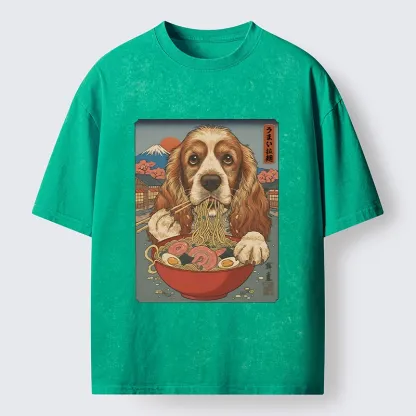 Tokyo-Tiger Dog Slurping Ramen In Japanese Style Washed T-Shirt