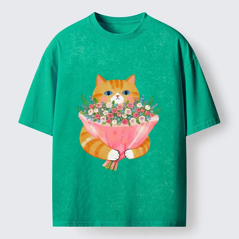 Tokyo-Tiger Cozy Cat Offering A Bouquet Washed T-Shirt