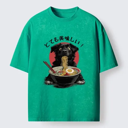 Tokyo-Tiger Dog Eating Ramen Joyfully Washed T-Shirt
