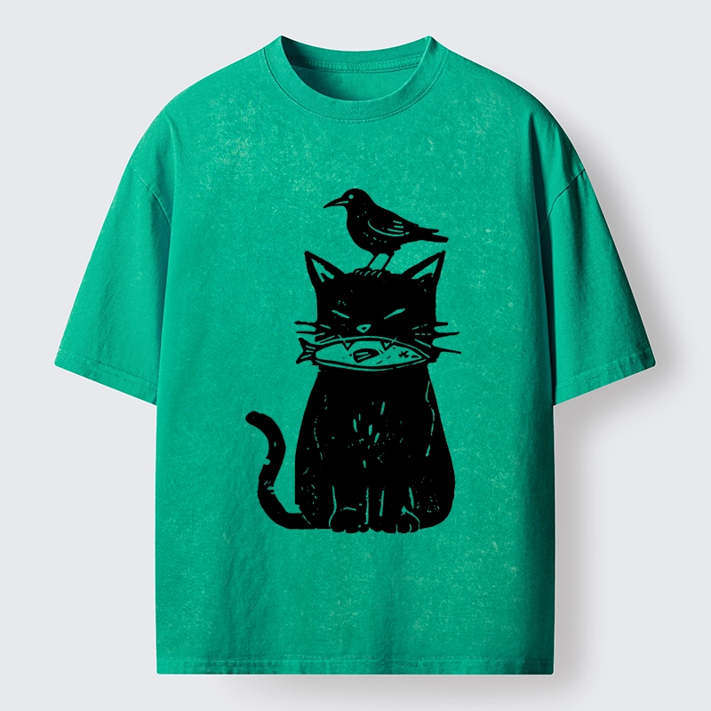 Tokyo-Tiger Black Cat With Fish And Bird Washed T-Shirt