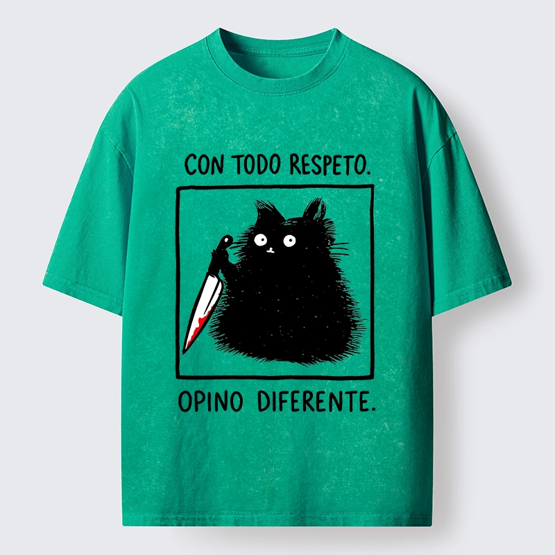 Tokyo-Tiger Black Cat Holds Knife Disagrees Washed T-Shirt