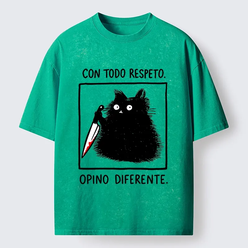 Tokyo-Tiger Black Cat Holds Knife Disagrees Washed T-Shirt