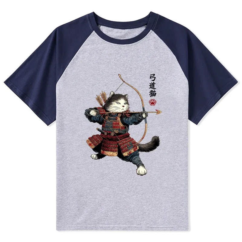 Tokyo-Tiger Kyudo Samurai Cat Raglan T-shirt