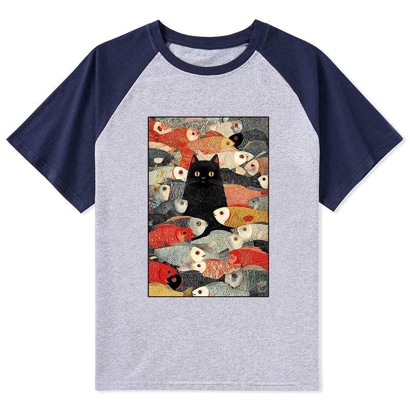 Tokyo-Tiger Cats And Fish Raglan T-shirt