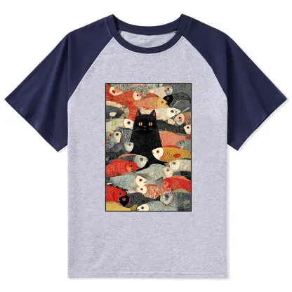 Tokyo-Tiger Cats And Fish Raglan T-shirt