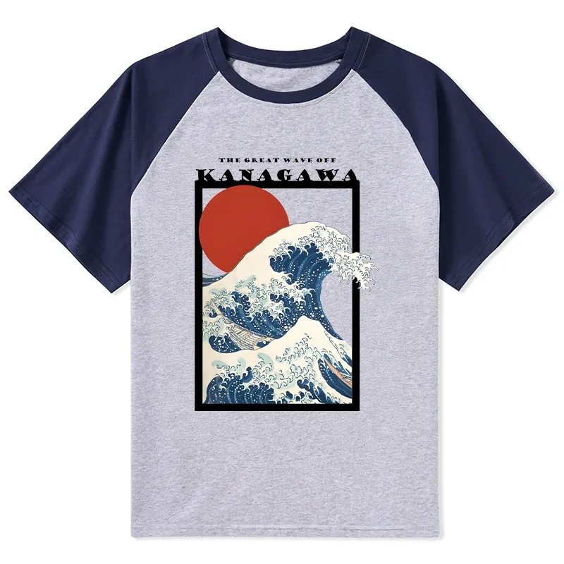 Tokyo-Tiger Minimalist Ukiyo-e Waves Raglan T-shirt