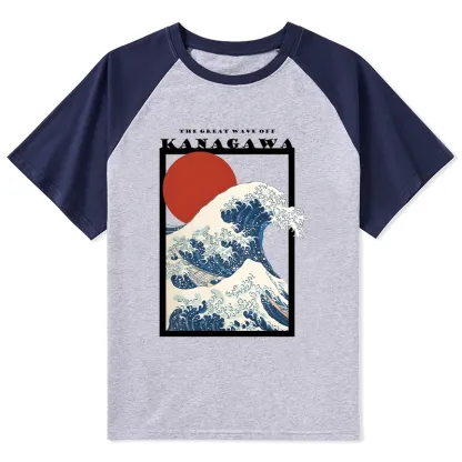 Tokyo-Tiger Minimalist Ukiyo-e Waves Raglan T-shirt