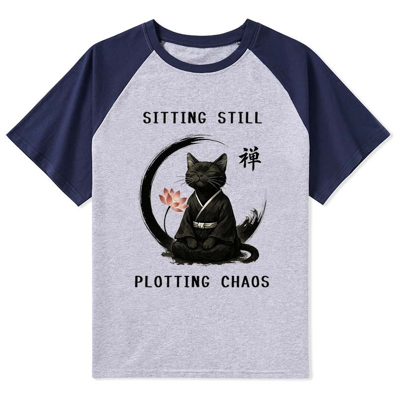 Tokyo-Tiger Sitting Still Plotting Chaos Calming Zen Cat Funny Raglan T-shirt