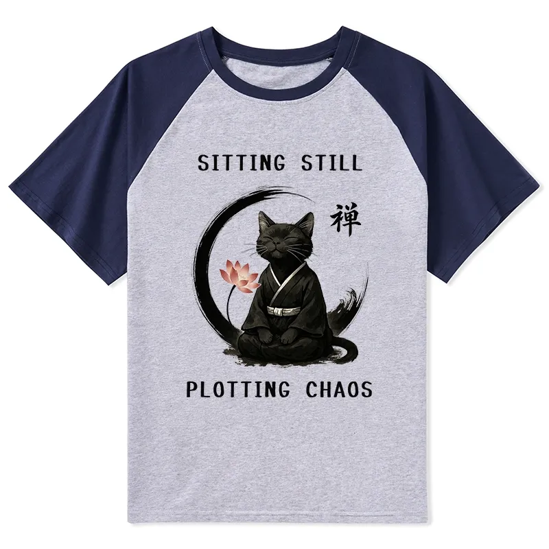 Tokyo-Tiger Sitting Still Plotting Chaos Calming Zen Cat Funny Raglan T-shirt
