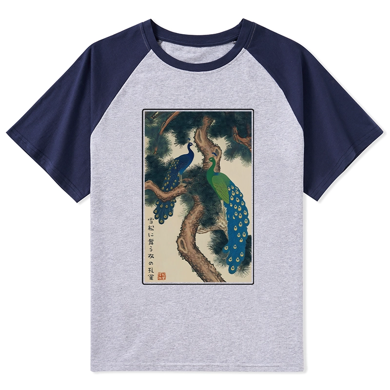 Tokyo-Tiger Peacocks in Snowy Pines Raglan T-shirt