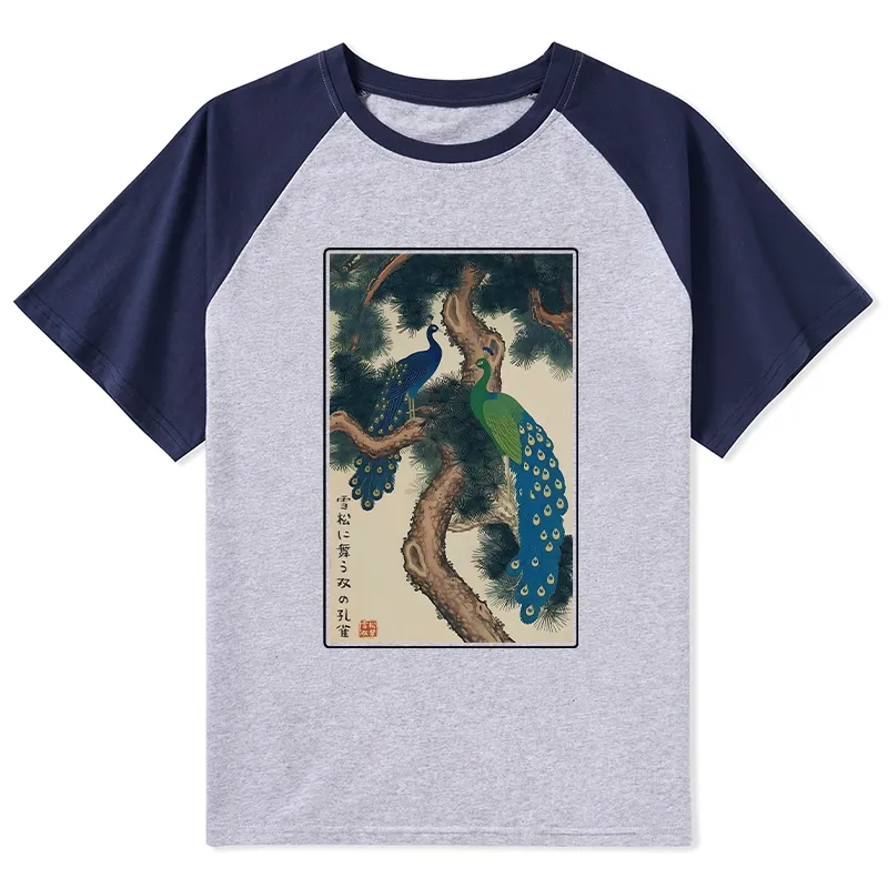 Tokyo-Tiger Peacocks in Snowy Pines Raglan T-shirt