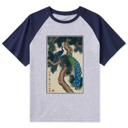 Tokyo-Tiger Peacocks in Snowy Pines Raglan T-shirt