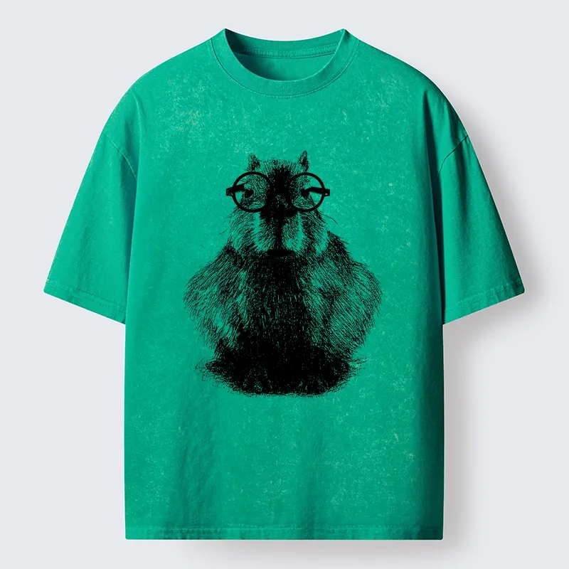 Tokyo-Tiger Smart Capybara With Glasses Washed T-Shirt