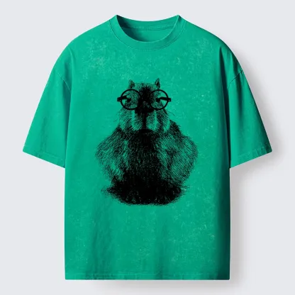Tokyo-Tiger Smart Capybara With Glasses Washed T-Shirt