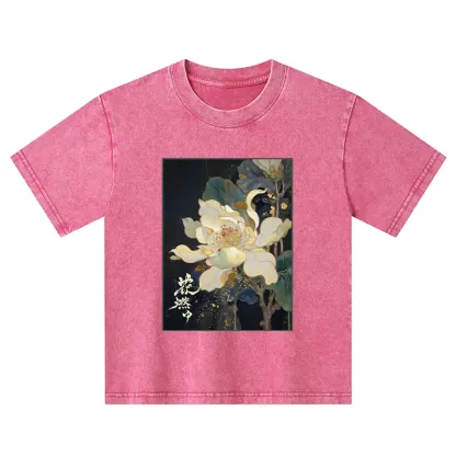 Tokyo-Tiger Lotus Adorned With Golden Specks Kids Washed T-Shirt