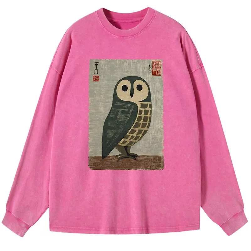 Tokyo-Tiger Traditional Owl In Japanese Art Washed Long Sleeve T-Shirt