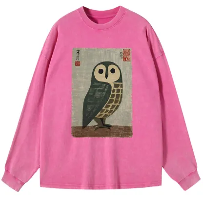 Tokyo-Tiger Traditional Owl In Japanese Art Washed Long Sleeve T-Shirt