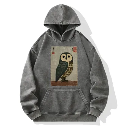 Tokyo-Tiger Traditional Owl In Japanese Art Washed Hoodie
