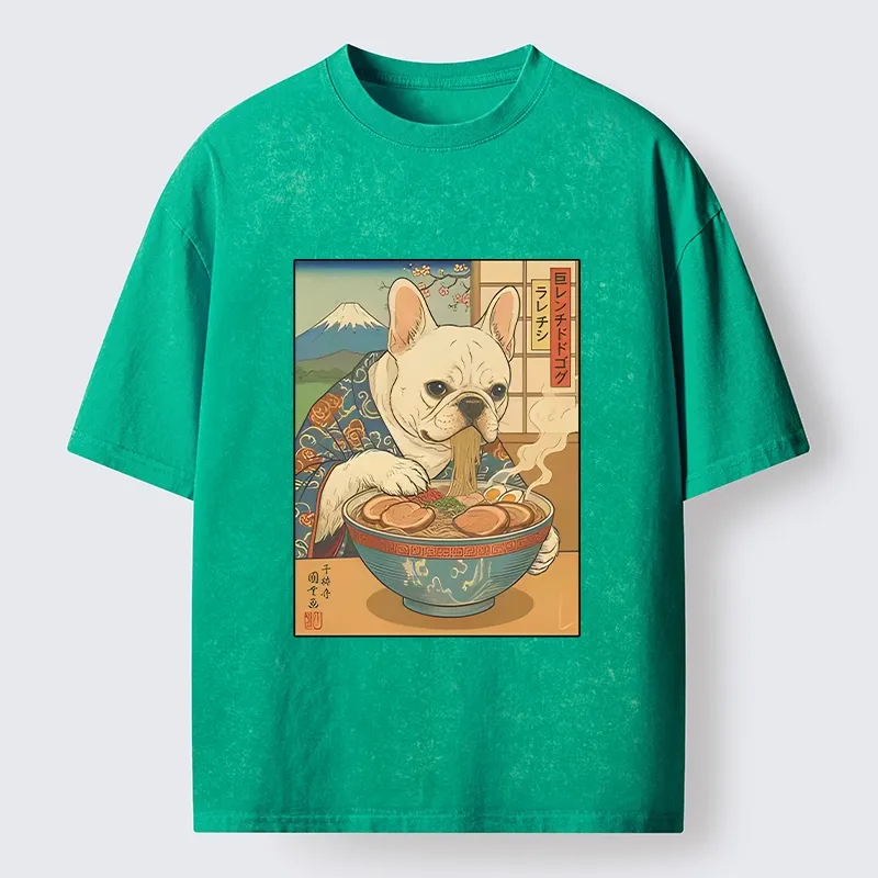 Tokyo-Tiger French Bulldog Ramen Art Washed T-Shirt