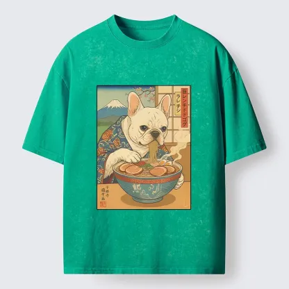 Tokyo-Tiger French Bulldog Ramen Art Washed T-Shirt
