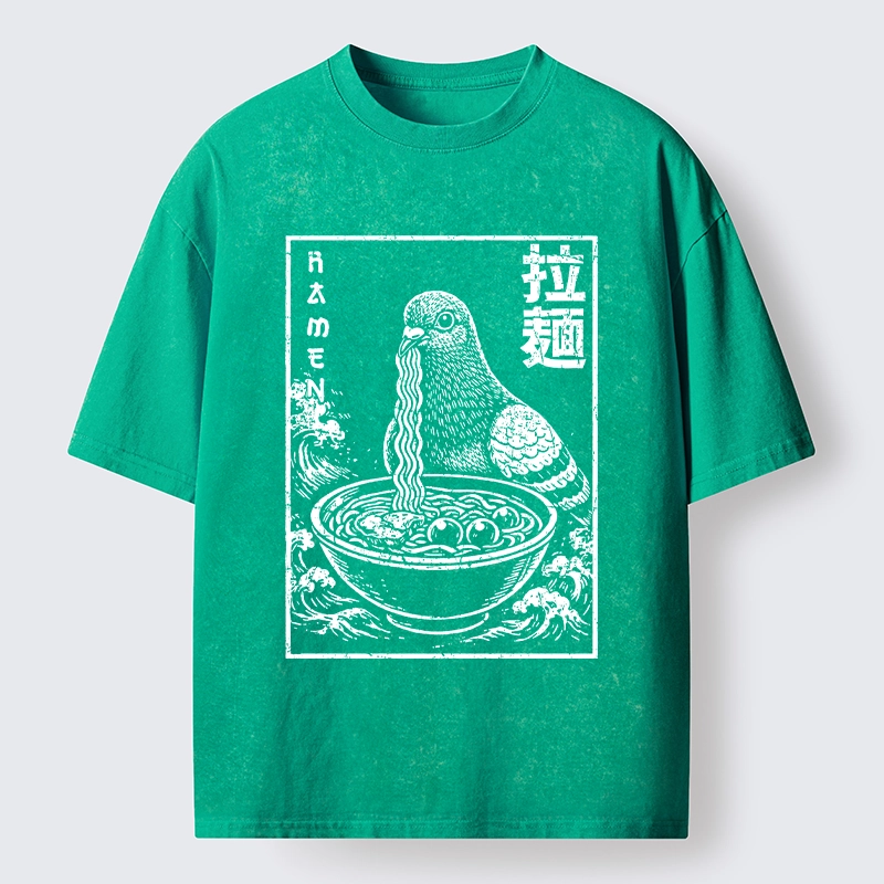 Tokyo-Tiger Pigeon Eating Ramen Art Washed T-Shirt
