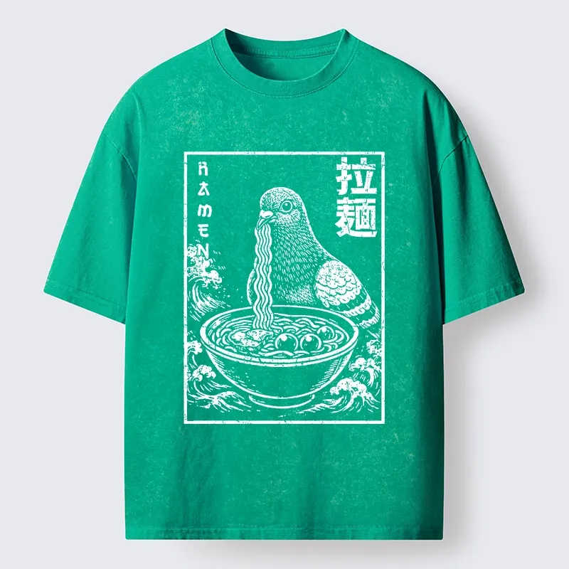 Tokyo-Tiger Pigeon Eating Ramen Art Washed T-Shirt