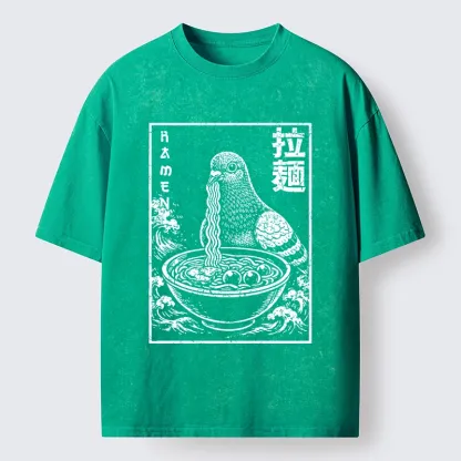 Tokyo-Tiger Pigeon Eating Ramen Art Washed T-Shirt