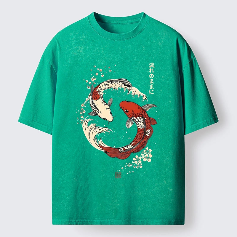 Tokyo-Tiger Elegant Koi Fish And Sakura Washed T-Shirt