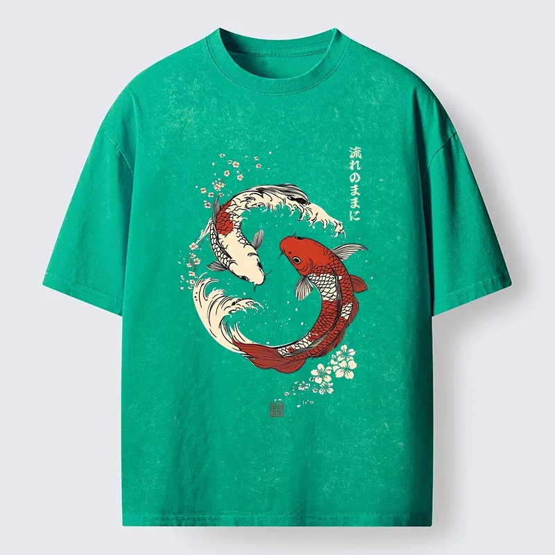 Tokyo-Tiger Elegant Koi Fish And Sakura Washed T-Shirt