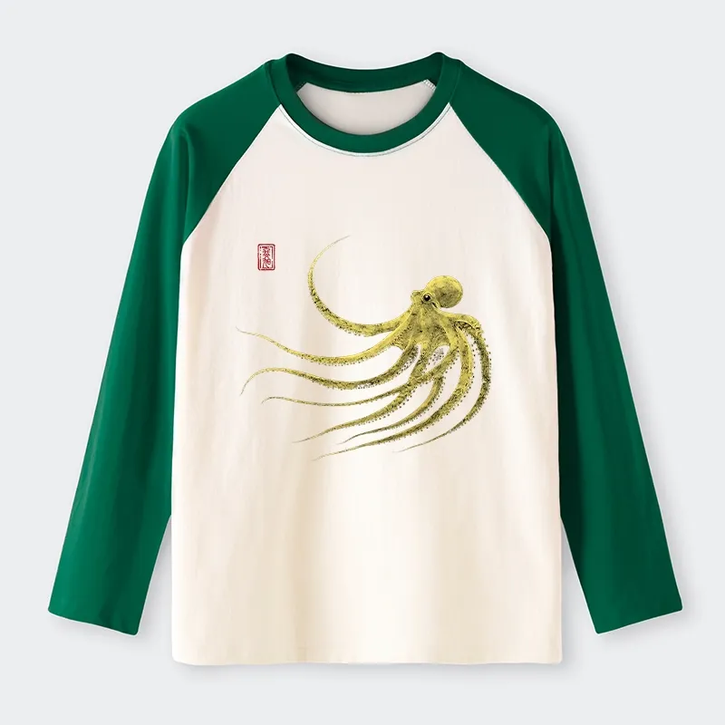 Tokyo-Tiger Retro Octopus Japanese Raglan Long Sleeve T-shirt