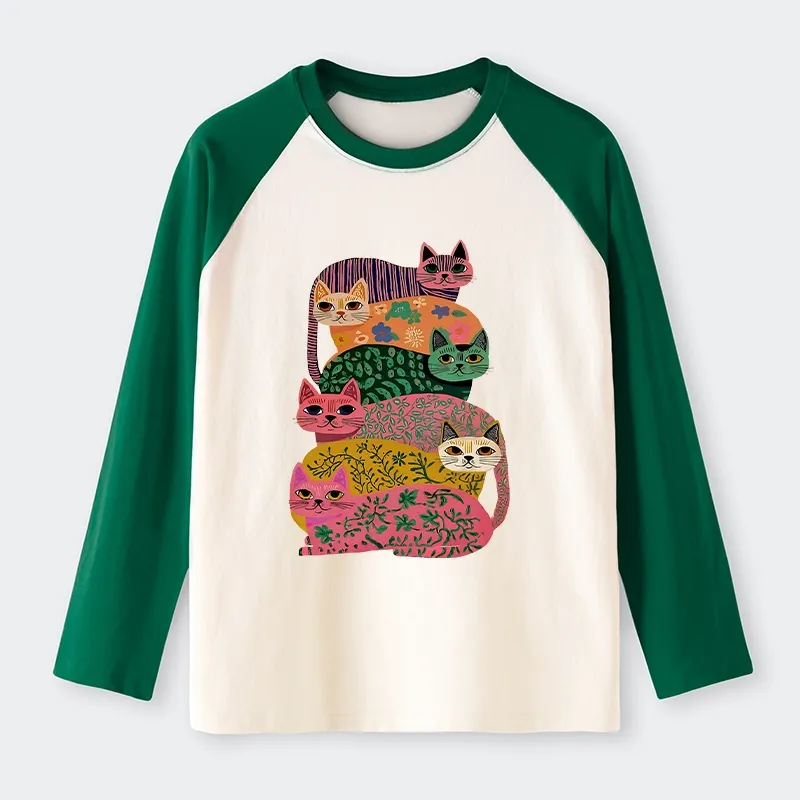 Tokyo-Tiger Colorful Cats Raglan Long Sleeve T-shirt Sale