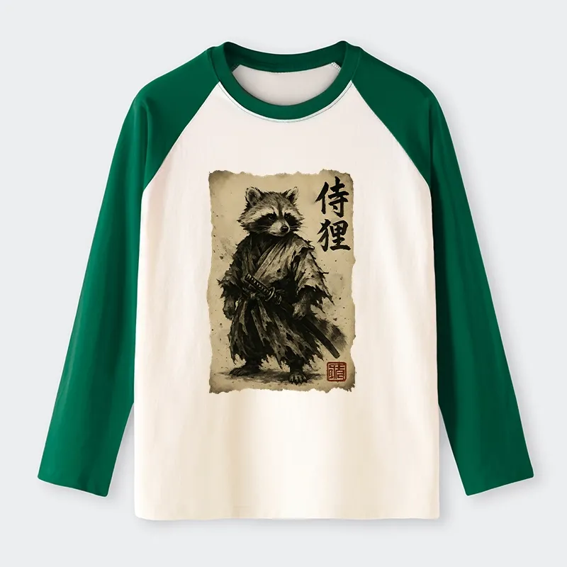 Tokyo-Tiger Retro Raccoon Samurai Raglan Long Sleeve T-shirt