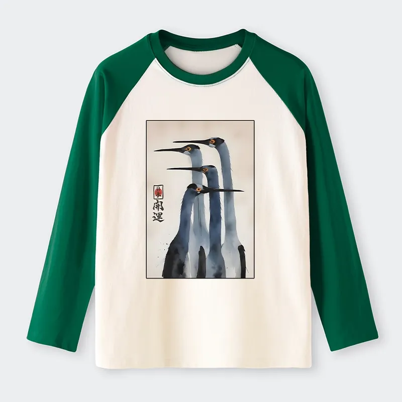 Tokyo-Tiger Retro Sandhill Crane Raglan Long Sleeve T-shirt