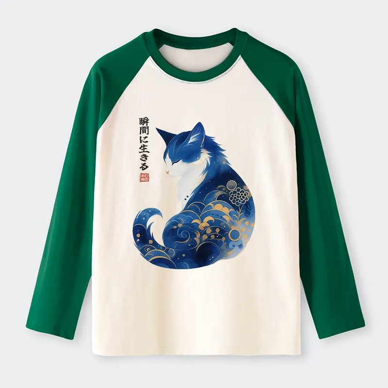 Tokyo-Tiger Retro Zen Cat: Living the Present Raglan Long Sleeve T-shirt