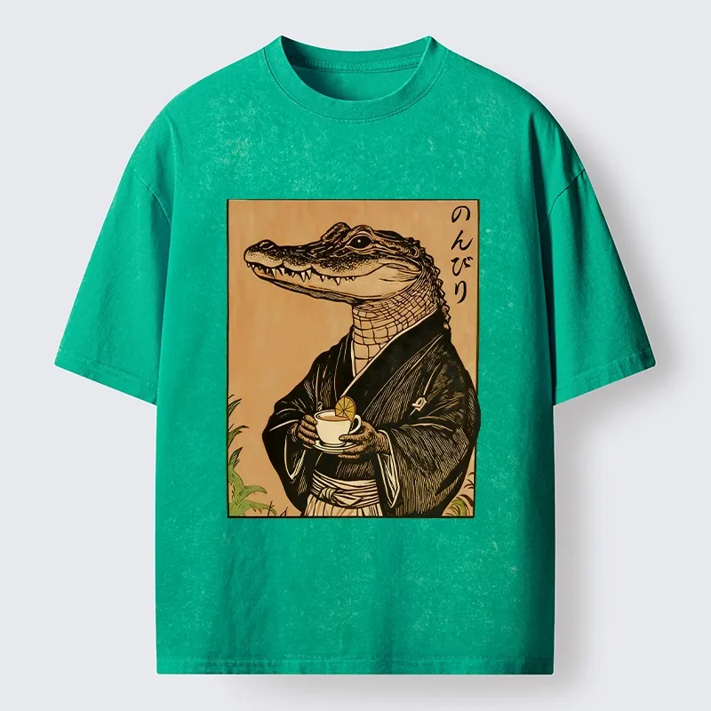 Tokyo-Tiger Alligator In Kimono Drinking Tea Washed T-Shirt