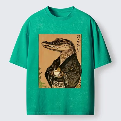 Tokyo-Tiger Alligator In Kimono Drinking Tea Washed T-Shirt