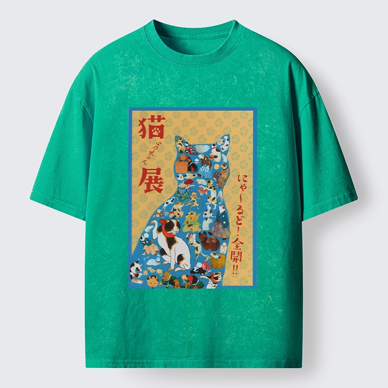 Tokyo-Tiger Japanese Cat Exhibition Collage Poster Washed T-Shirt