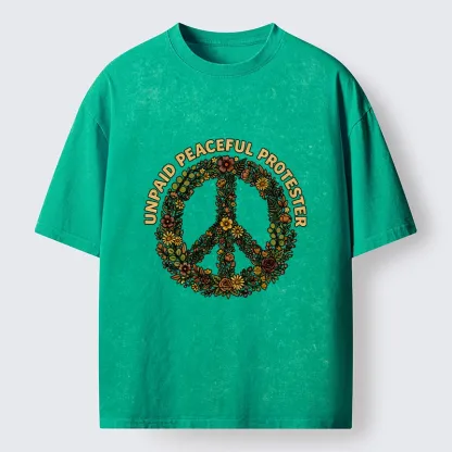 Tokyo-Tiger Vintage Floral Peace Symbol Print Washed T-Shirt