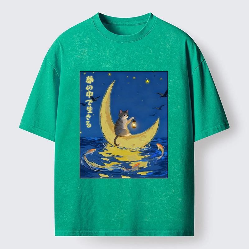 Tokyo-Tiger Cat On Moon Boat Over Sea Washed T-Shirt