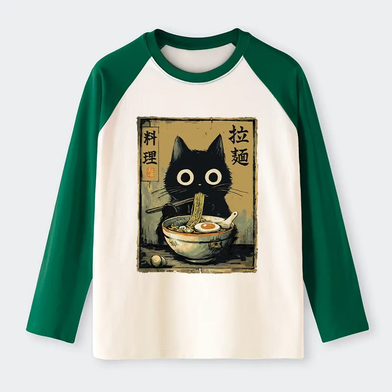 Tokyo-Tiger Cute Black Cat Eating Ramen Japan Raglan Long Sleeve T-shirt