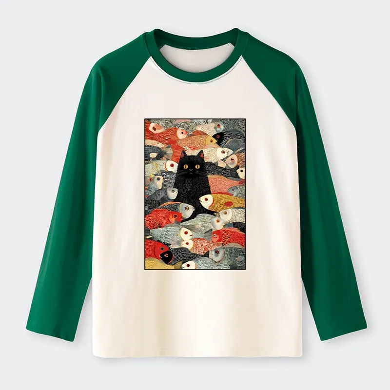 Tokyo-Tiger Cats And Fish Raglan Long Sleeve T-shirt